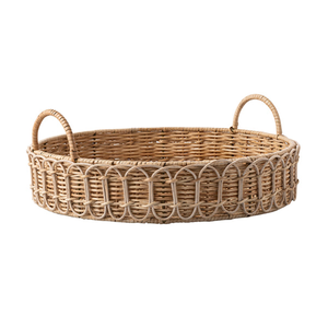 Plateau rond en rotin tressé à la main, grand format, simple et élégant, avec poignées, style bohème, pour la décoration moderne de la maison - Product Image 2