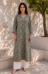 Kurti vert à imprimé floral pour femme, col en V, manches trois quarts, coupe droite, tunique longue ethnique, tenue décontractée traditionnelle pour tous les jours - Product Image 6