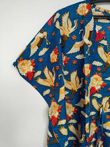 Robe Kaftan Indienne en Coton pour Femme, Imprimé Floral Vintage Jungle, Dentelle, Imprimé Oiseaux Bleus, Longueur Genou, Manches 3/4, Silhouette Trapèze - Product Image 5