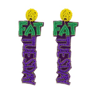 Pendientes de Mardi Gras con arcoíris de cuentas y flor-de-lis, también conocidos como pendientes de bordado con cuentas de semillas, mariposa tricolor y perla - Product Image 5