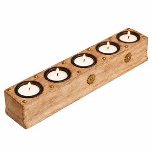Indirae Artistry Porte-bougie en bois artisanal à 5 blocs |   Support de bougie tealight rustique |   Décoration de Noël et d'anniversaire pour la maison - Product Image 1