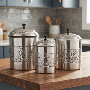 Airtight Silver Embossed Metal <b>Canister</b> <b>Set</b> with Airtight Lids for Stylish Kitchen Storage and Long Lasting Freshness - Product Image 1