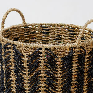 All-Natural Handmade <b>Wicker</b> Seagrass Round <b>Baskets</b> <b>With</b> <b>Handles</b> & Black Stripes for Eco-Friendly Home Decor - Product Image 4