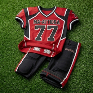 Pantalon de football rembourré personnalisé rouge et noir, uniforme OEM ODM, vêtements de sport en gros, uniforme d'équipe numéro 77 - Product Image 4