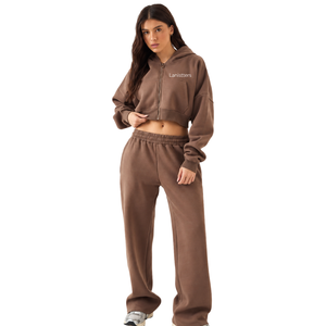 Conjunto de Sudadera Corta con Capucha y Pantalones Anchos de Chándal para Mujer, Cintura Elástica, Atuendo Casual de Dos Piezas para Descansar, Venta al por Mayor - Product Image 1