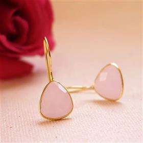 Boucles d'oreilles pendantes en argent sterling 925 avec pierre précieuse en calcédoine rose de forme trilobée, boucles d'oreilles en calcédoine rose au design tendance - Product Image 4