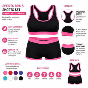 Ensemble de sport HMR Sisterhood Sorority noir et rose sexy, soutien-gorge de sport à bretelles et short froncé, tenue de fitness 2 pièces très extensible - Product Image 6