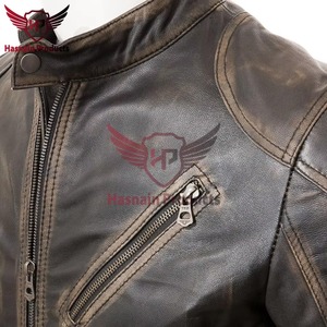 <b>Mens</b> Real Brown Leather <b>Jacket</b> Slim Fit <b>Biker</b> Motorcycle Cafe Racer Cowhide Coat Chest Zip Vintage Custom Classic Outerwears New - Product Image 3