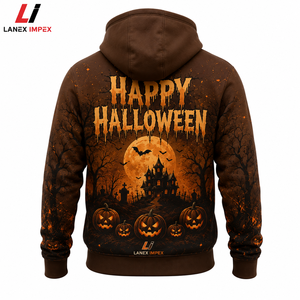 เสื้อฮู้ดโอเวอร์ไซส์สีน้ำตาลลายฟักทองบ้านผีสิงฮาโลวีนฤดูหนาวแบบกำหนดเอง 3 มิติ สำหรับทุกเพศ แบบสวมหัว พิมพ์ลายแบบซับลิเมชั่น สไตล์โกธิค - Product Image 3