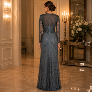 Women Slate Blue Beaded <b>Sequin</b> Evening Gown High Round Neck Sheer Long Sleeve Embellished Net Maxi Dress Formal Wedding Prom - Product Image 3