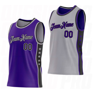 Ensemble maillot et short de basketball réversible personnalisé violet, noir, gris avec impression par sublimation étoile double face, manches légères - Product Image 1