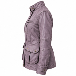 <b>Womens</b> Purple Leather Field Jacket Stand Collar Utility Pocket Zipper <b>Outerwear</b> Casual Retro Trucker Biker Windproof Coat - Product Image 4