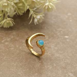 Celestial Crescent Moon Aqua Chalcedony <b>Ring</b> 14K Gold Plated Brass <b>Adjustable</b> Unisex Boho Daily Wear Jewelry - Product Image 5