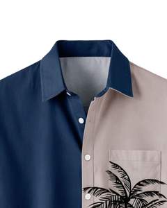 Camisa de Manga Corta con Estampado de Palmeras en Azul Marino y Beige, Estilo Casual para Playa, Verano, para Hombre, Fabricante OEM, Personalizable, al por Mayor - Product Image 5