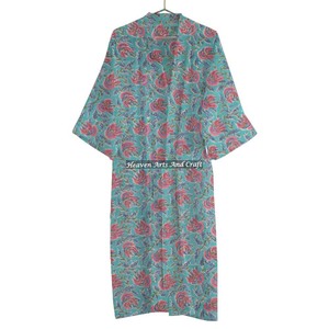 Handmade Floral cotton Kimono Robe Lightweight Boho Loungewear Bathrobe Soft Cotton Dressing Gown Block Print Summer Casual - Product Image 4