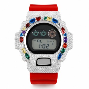 Reloj Digital con Pedrería, Caja de Acero Inoxidable, Correa de Silicona Roja, Esfera Rectangular, Reloj de Lujo para Mujer - Product Image 5