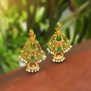 Vintage Peacock Style Chandbali Earrings with Jade Pearl and Diamond in Brass - Product Image 3