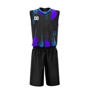 Conjunto de Uniforme de Baloncesto para Hombre, Negro, Morado y Azul, con Estampado Digital, Cuello en V, Secado Rápido, Jersey y Pantalones Cortos Deportivos de Verano - Product Image 1