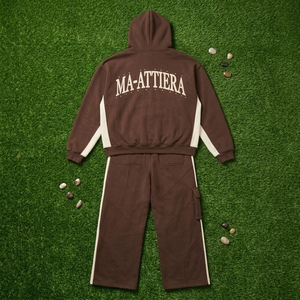 Ensemble sweat à capuche et pantalon cargo marron bicolore zippé pour homme, style streetwear oversize - Product Image 6