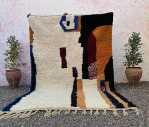 Tapis marocain noué à la main en laine blanche multicolore, écologique, antidérapant, à franges, à poils moyens, pour salon - Product Image 1