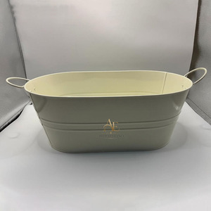 Modern Cream White Oval Galvanized Steel <b>Ice</b> Bucket With Wire Side Handles Powder Coated Metal Party Beverage Tub Supply - Product Image 1