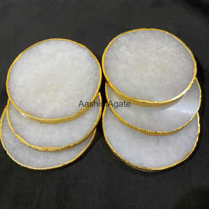 Natural White Quartz <b>Coasters</b> with Golden Edge Polished Stone Drink <b>Coasters</b> Luxury Home Décor Wholesale - Product Image 5