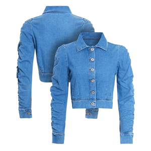 Women Light Blue <b>Cropped</b> <b>Denim</b> <b>Jacket</b> Ruched Long Sleeve Button Front Slim Fit Casual Fashion Outerwear - Product Image 1