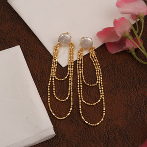 Boucles d'oreilles pendantes en perles d'eau douce plaquées or, bijoux superposés pour femmes - Product Image 2