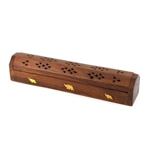 Caja de Incienso de Madera Hecha a Mano con Incrustaciones de Elefantes y Tapa Tallada - Product Image 1