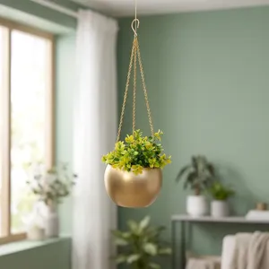 Pot de fleurs suspendu en métal doré avec chaîne décorative et pot rond lisse, support de plante suspendu moderne et minimaliste - Product Image 6