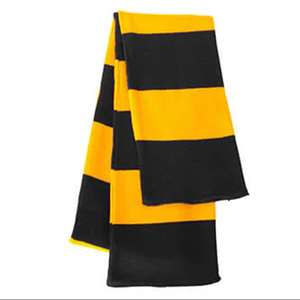 Écharpe de sororité en tricot jacquard noir et or à rayures longues, avec logo personnalisé, 100 % acrylique, pour l'hiver, pour les fans de sports d'équipe - Product Image 1