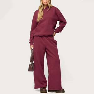 Chándal con Capucha Color Borgoña para Mujer, Manga Larga, Corte Holgado, Color Sólido, Ropa Casual de Otoño con Bolsillos Laterales, Algodón de Peso Medio - Product Image 4