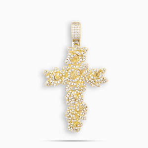 Pendentif Croix Rose Sertie de Pierres |   Charme en forme de croix en moissanite plaqué or jaune |   Collier Hip Hop VVS couleur D - Product Image 1