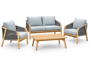 Conjunto de sofá de ratán contemporáneo para exteriores con cojines azul claro y estructura de madera para uso en jardín. - Product Image 5