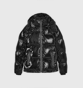 Hooded Puffer <b>Jacket</b> Black PU <b>Waterproof</b> Winter Coat Unisex Casual Zipper Closure <b>Thin</b> Insulated Stand Collar Front Outerwear - Product Image 3