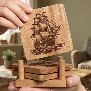 Wooden Square <b>Coaster</b> Set with Ship Design Rustic Handmade Mats & Pads Reusable 10cm Diameter <b>Beads</b> Art - Product Image 2