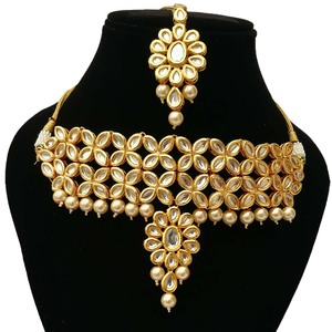 Luxury Brass Alloy Zircon Kundan Choker Necklace Stud Earrings Set Traditional Indian Bridal Engagement Wedding Party Shiny - Product Image 2