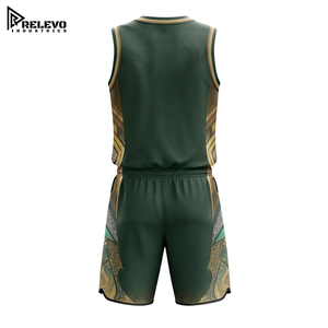 Conjunto de Camiseta y Pantalones Cortos de Baloncesto con Diseño Personalizado OEM, Adornos Decorativos y Estampado de Olas, Uniforme Deportivo Sublimado en Verde Bosque y Dorado - Product Image 2