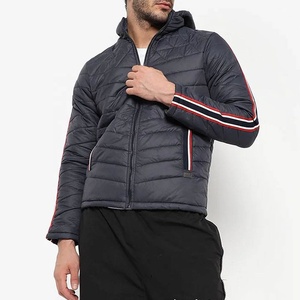 Men's Navy Hooded <b>Puffer</b> <b>Jacket</b> With Red <b>White</b> Stripe Sleeve Windproof Zipper Closure Casual Winter Coat Regular Fit 2026 - Product Image 2