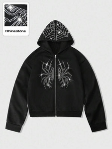 เสื้อฮู้ดซิปผู้ชายแบบครอปพิมพ์ลายแมงมุมประดับเพชร ผ้าฝ้ายฟลีซหนานุ่ม ทรงโอเวอร์ไซส์ สไตล์สตรีทแวร์ รับผลิตตามสั่ง - Product Image 5