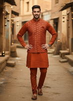 Ensemble kurta et pantalon en soie romaine de créateur pour homme, avec koti brodé de sequins, prêt-à-porter, infroissable, pour occasions festives
