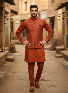 Ensemble kurta et pantalon en soie romaine de créateur pour homme, avec koti brodé de sequins, prêt-à-porter, infroissable, pour occasions festives - Product Image 2