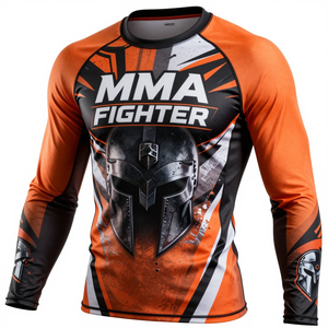 Personaliza tu propio logo sublimado en una camiseta de compresión de manga larga para hombres, ideal para MMA y BJJ, hecha de spandex y poliéster de secado rápido. - Product Image 4