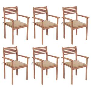 Chaises de patio empilables en bois de teck massif, 6 pièces, avec coussins - Product Image 1