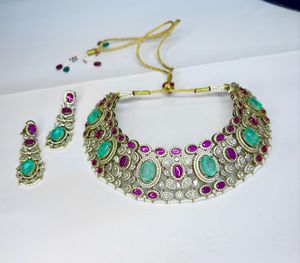 Mint Green & <b>Ruby</b> Pink Doublet Stone Choker <b>Necklace</b> Set Designer CZ Statement Jewelry Traditional Indian Bridal Jewelry - Product Image 4
