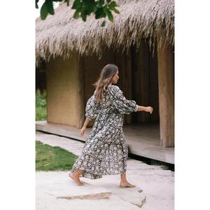 Boho Floral Print Knee-Length V-Neck Long Sleeve <b>Loose</b> Fit Cotton Knitted Fabric Summer Casual Eco-Friendly Breathable <b>Dress</b> - Product Image 2