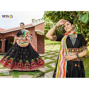 ATTRACTIVE COTTON <b>CHAIN</b> STITCH WITH <b>MIRROR</b> WORK LEHENGA CHOLI WITH DUPATTA BLACK - Product Image 1
