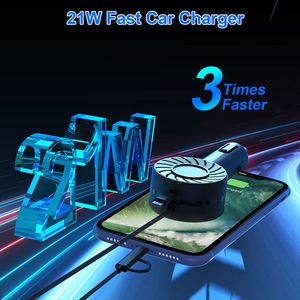 Caricabatterie Auto Retrattile 3-in-1 da 21W, Ricarica Rapida, Mini Caricatore per Telefono con Porta USB, Cavo Type-C e Cavo Micro LT Compatibile con Auto - Product Image 3