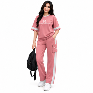 Khawaja Rafique Ullah Women's Pink 2 Piece Sporty Tracksuit Set Crew Neck Short Sleeve Loose Fit <b>All</b> Seasons Breathable Knitted - Product Image 4