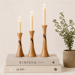 Minimalist Mid-Century Modern Wooden Taper Candle Holder Set Handcrafted Solid Wood Candlestick <b>Stand</b> For Formal Dining Table - Product Image 2